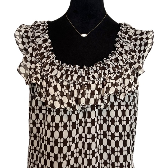 NWT 🆕 Max Edition Medium Ruffled Round Neck Brown & White Short Sleeve Blouse - Picture 2 of 9